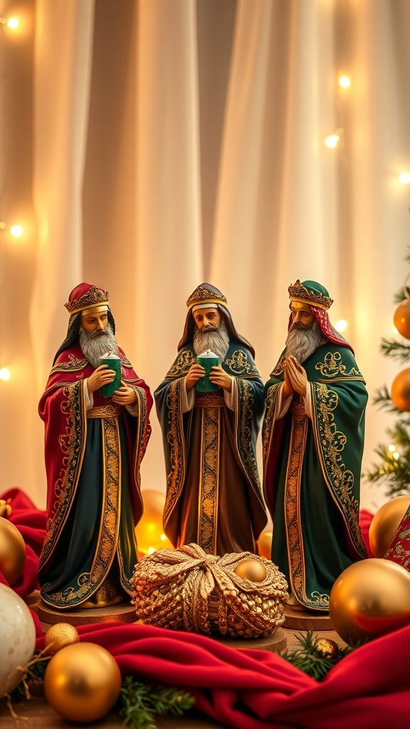 Three Wise Men figurines in a festive Christmas display with lights and ornaments.